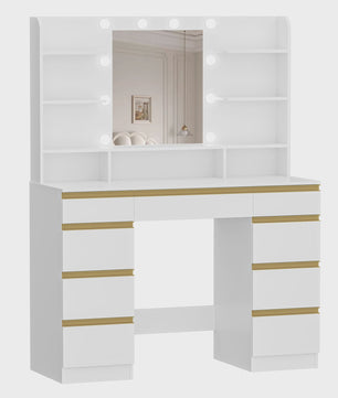 Luxe Kaptafel met 10 LED Lampjes, Grote Spiegel en Uitgebreide Opbergruimte