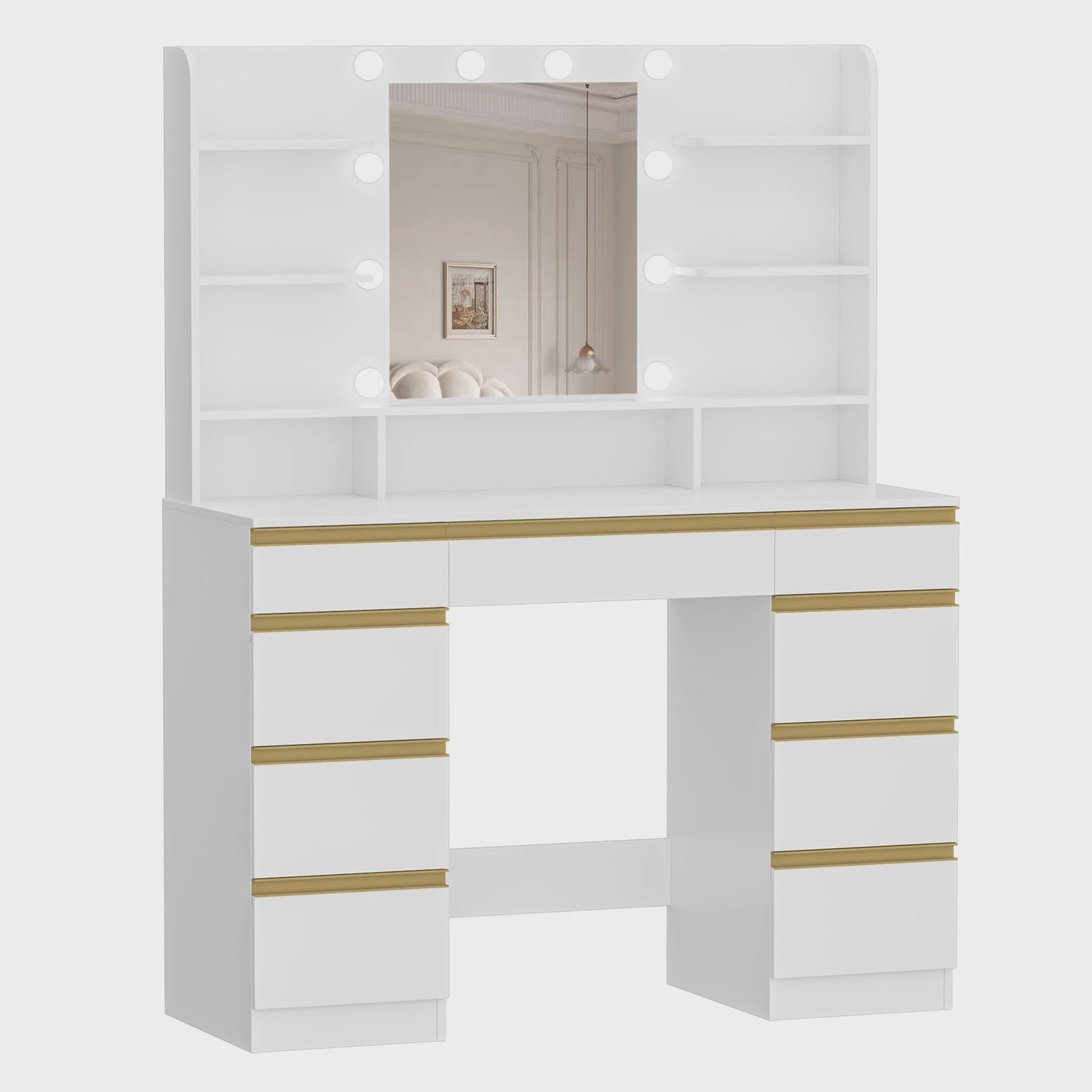 Luxe Kaptafel met 10 LED Lampjes, Grote Spiegel en Uitgebreide Opbergruimte