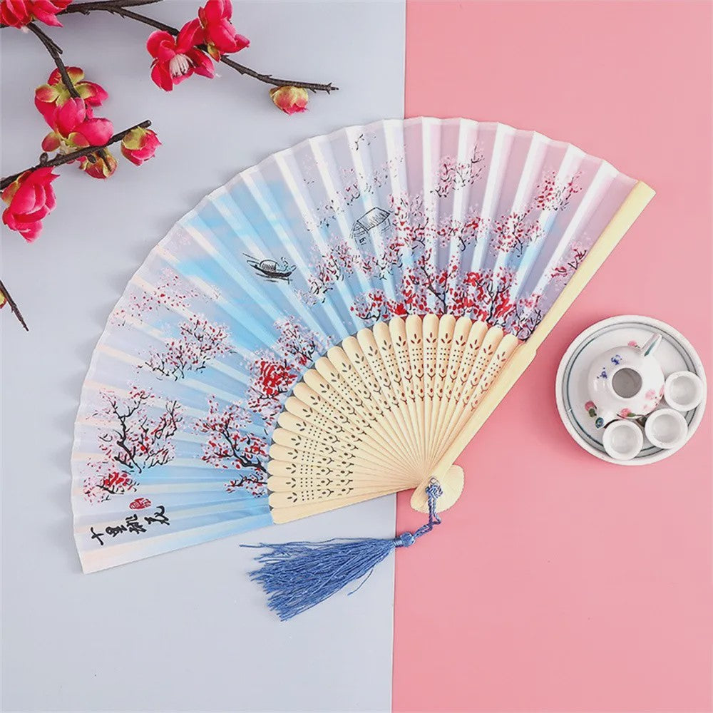 Vintage Zijden Vouwbare Handwaaier - Chinees/Japans Bamboe, Perfect voor Dans & Decoratie