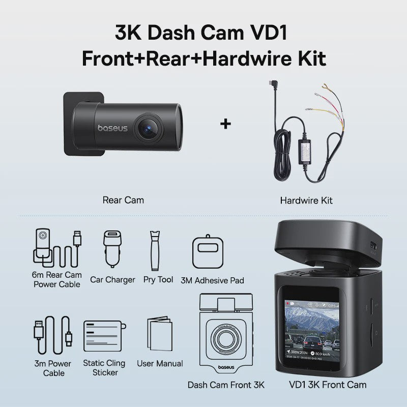Baseus VD1 Dashcam: 3K Ultra HD, Dubbele Camera, GPS, Nachtzicht & App Bediening