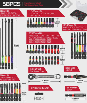 Geinxurn 58-delige Gereedschapset: Impact Schroefbits, Mini Ratel, Stapelboor & Bit Houder