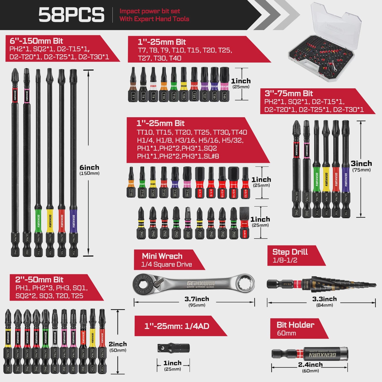 Geinxurn 58-delige Gereedschapset: Impact Schroefbits, Mini Ratel, Stapelboor & Bit Houder