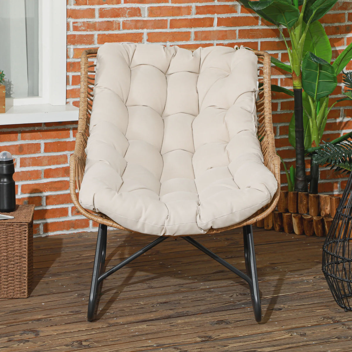 Outsunny Rotan Fauteuil met Dik Zitkussen - Comfortabele Tuinstoel tot 120 kg