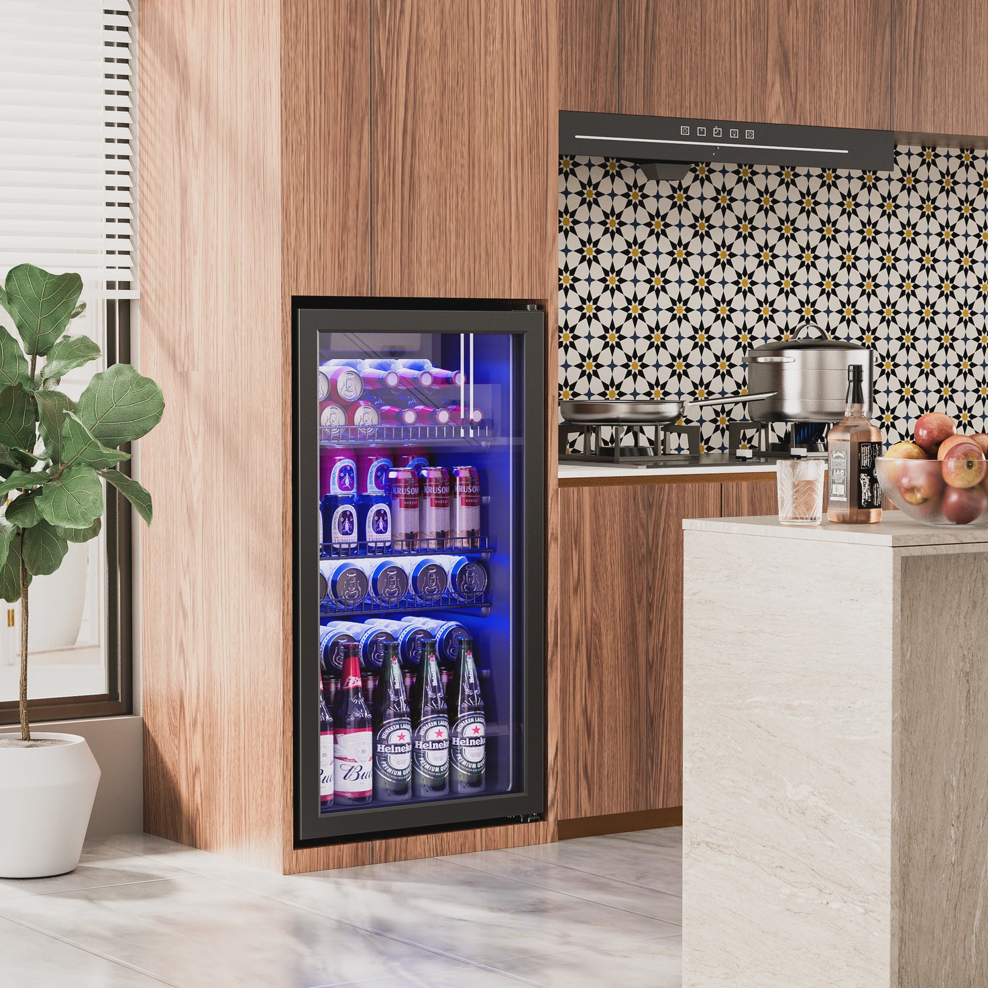 90L Drankenkoelkast met Dubbel Glas, LED Verlichting en 128 Blikjes Capaciteit - Energieklasse C