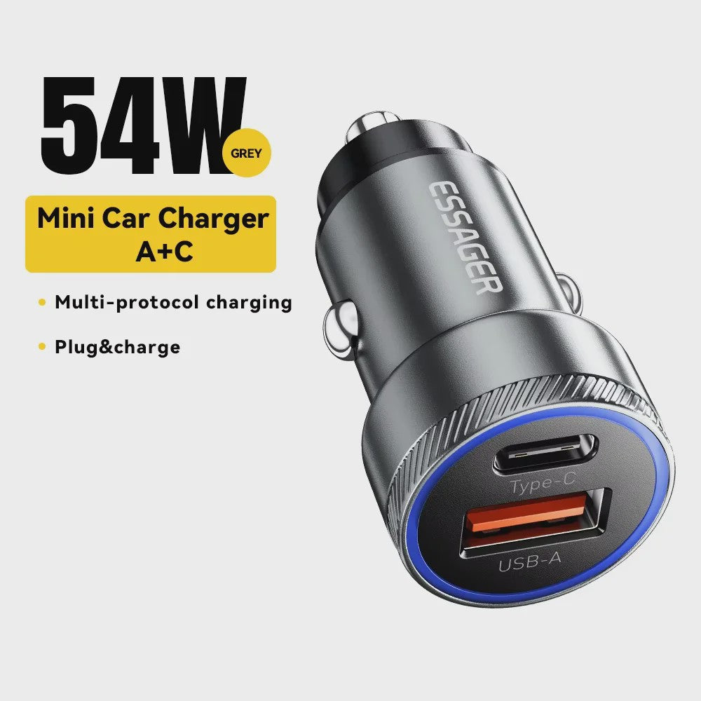 Essager 54W Snellader Auto | PD 3.0 & QC 3.0 | USB-C & USB-A | Snel Opladen Telefoon