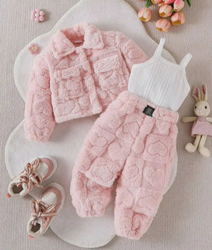 Schattige Baby Meisjes Set: Roze Pluche Jasje, Lange Broek & Top
