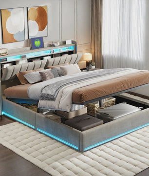 Luxe Gestoffeerd 140x200cm Bed met LED, USB & Hydraulische Opbergruimte