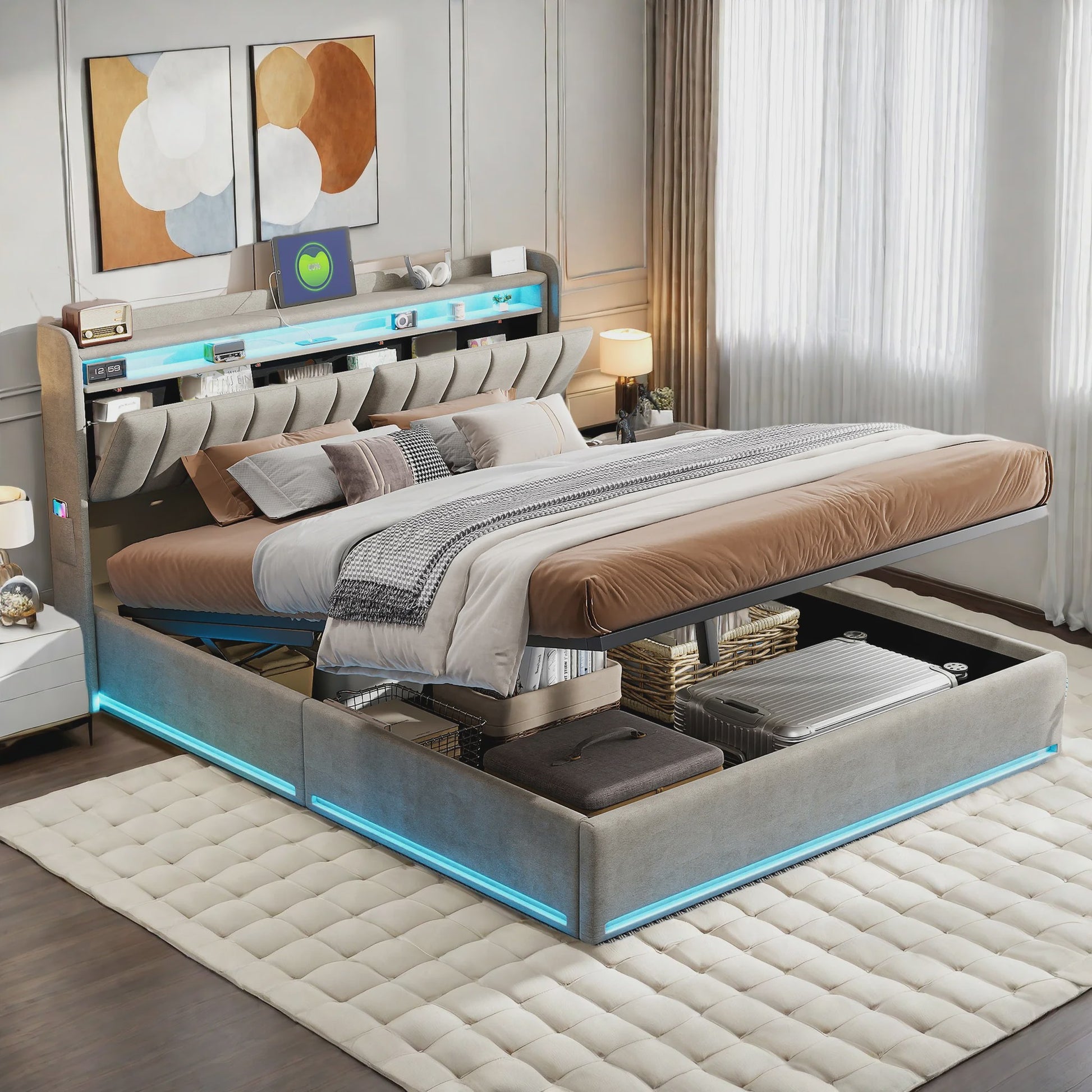 Luxe Gestoffeerd 140x200cm Bed met LED, USB & Hydraulische Opbergruimte