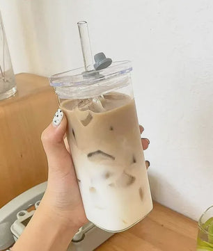 Vierkante Glazen Koffiebeker met Deksel en Rietje - Hittebestendig & Transparant