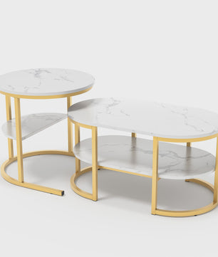 Set van 2 Moderne Salontafels met Marmerlook Blad en Stalen Onderstel