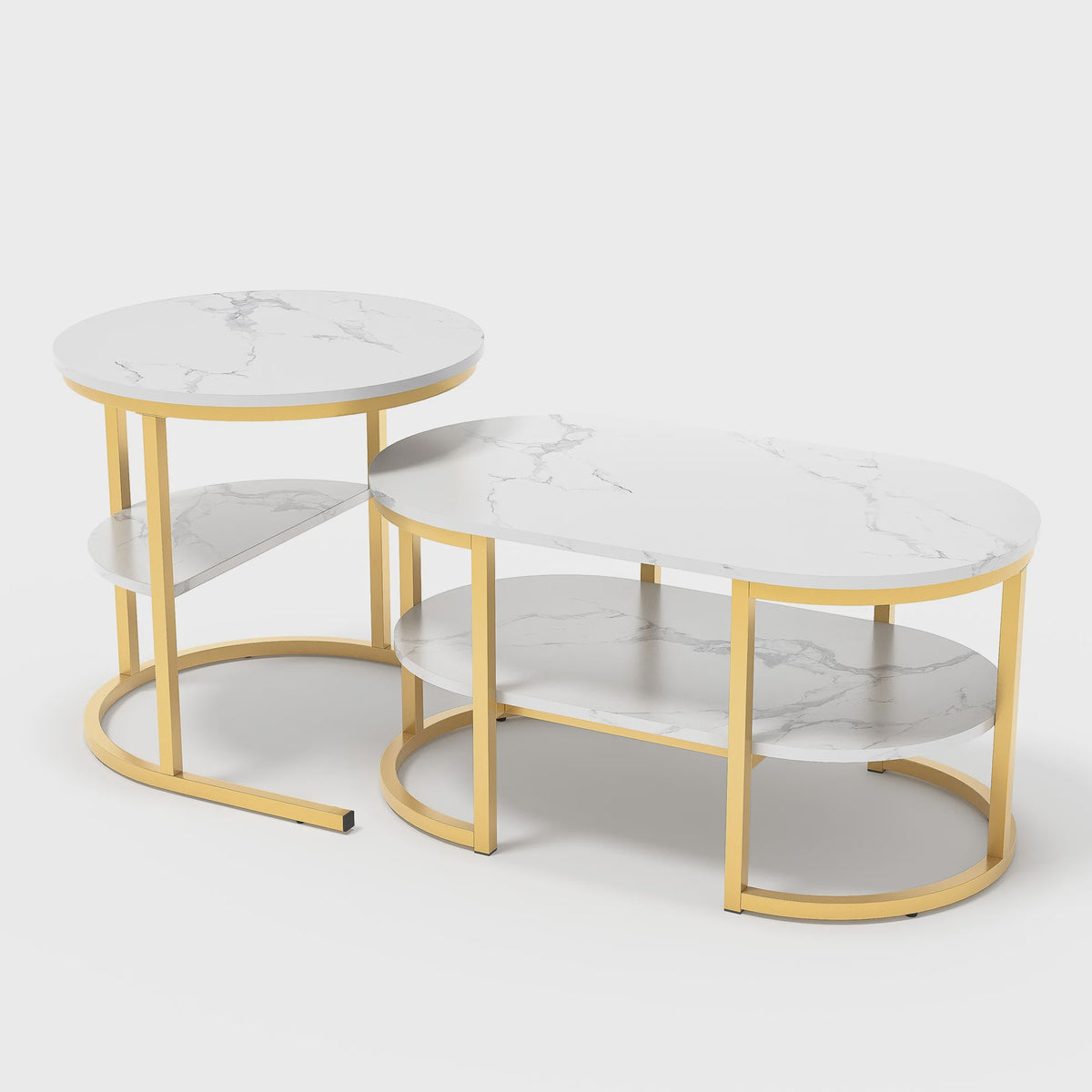 Set van 2 Moderne Salontafels met Marmerlook Blad en Stalen Onderstel
