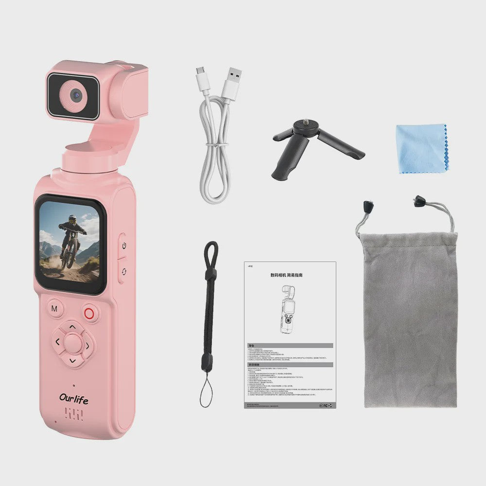 Ourlife 4K Pocket Action Camera met 330° Draaibare Lens, Touchscreen en Gezichtsherkenning - Ideaal voor Vlogs