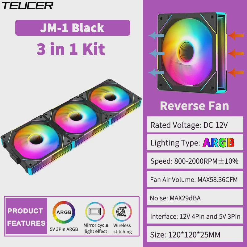 TEUCER JM-1 ARGB PC Ventilator Set - Draadloze Koppeling & Spiegel Lichteffect
