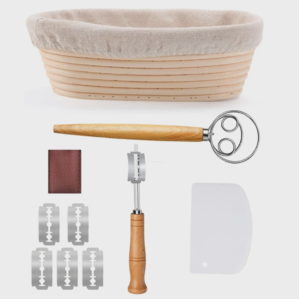 Complete Banneton Broodrijsmand Set voor Zuurdesem - Inclusief Deegklopper, Broodmes en Schraper