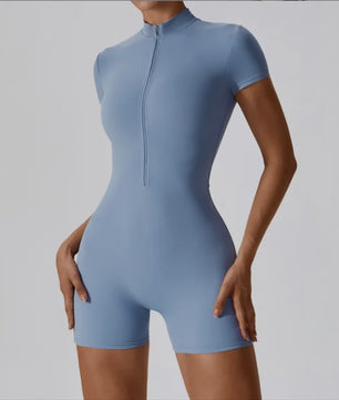 Dames Yoga Jumpsuit met Halve Rits en Opstaande Kraag - Korte Mouwen