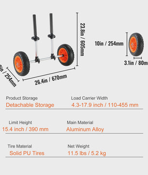 Robuuste Kayak & Kano Trailer Kar met 10'' Massieve Banden - Verstelbare Breedte & 127kg Draagvermogen