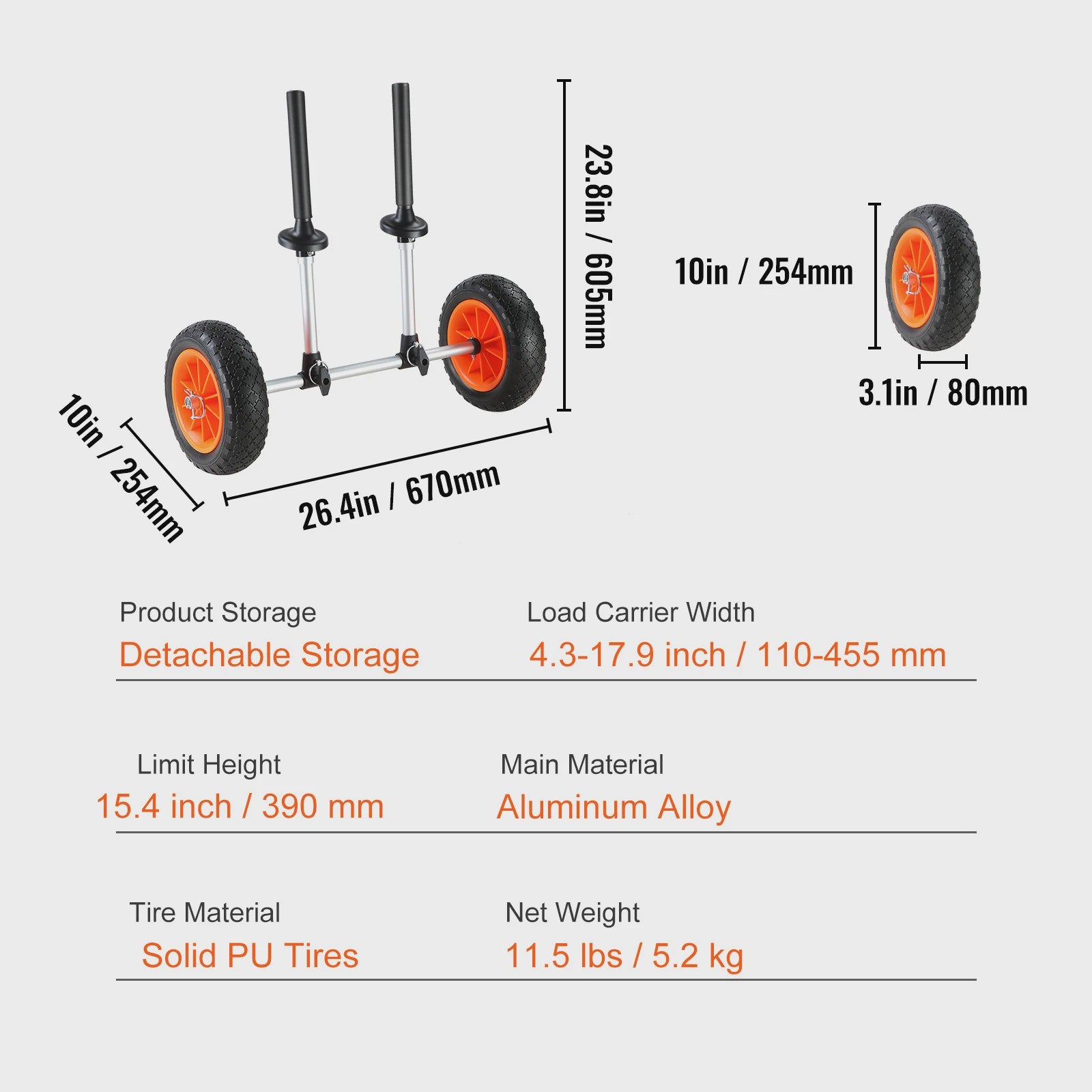Robuuste Kayak & Kano Trailer Kar met 10'' Massieve Banden - Verstelbare Breedte & 127kg Draagvermogen