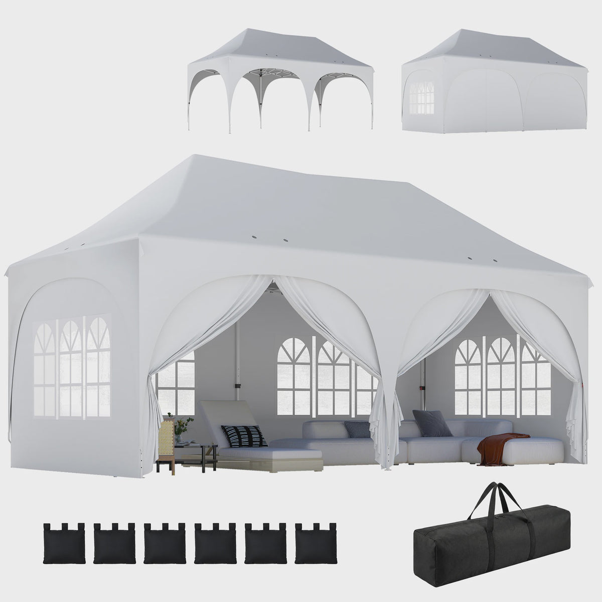 Outsunny Partytent 6x3m Pop-Up met 6 Zijwanden, Verstelbare Hoogte en Ramen