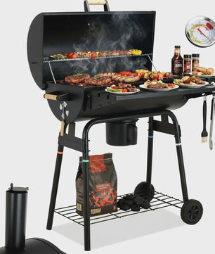 Charcoal BBQ Grillwagen met Deksel, Thermometer en Zijtafel - Perfect voor Tuinfeesten
