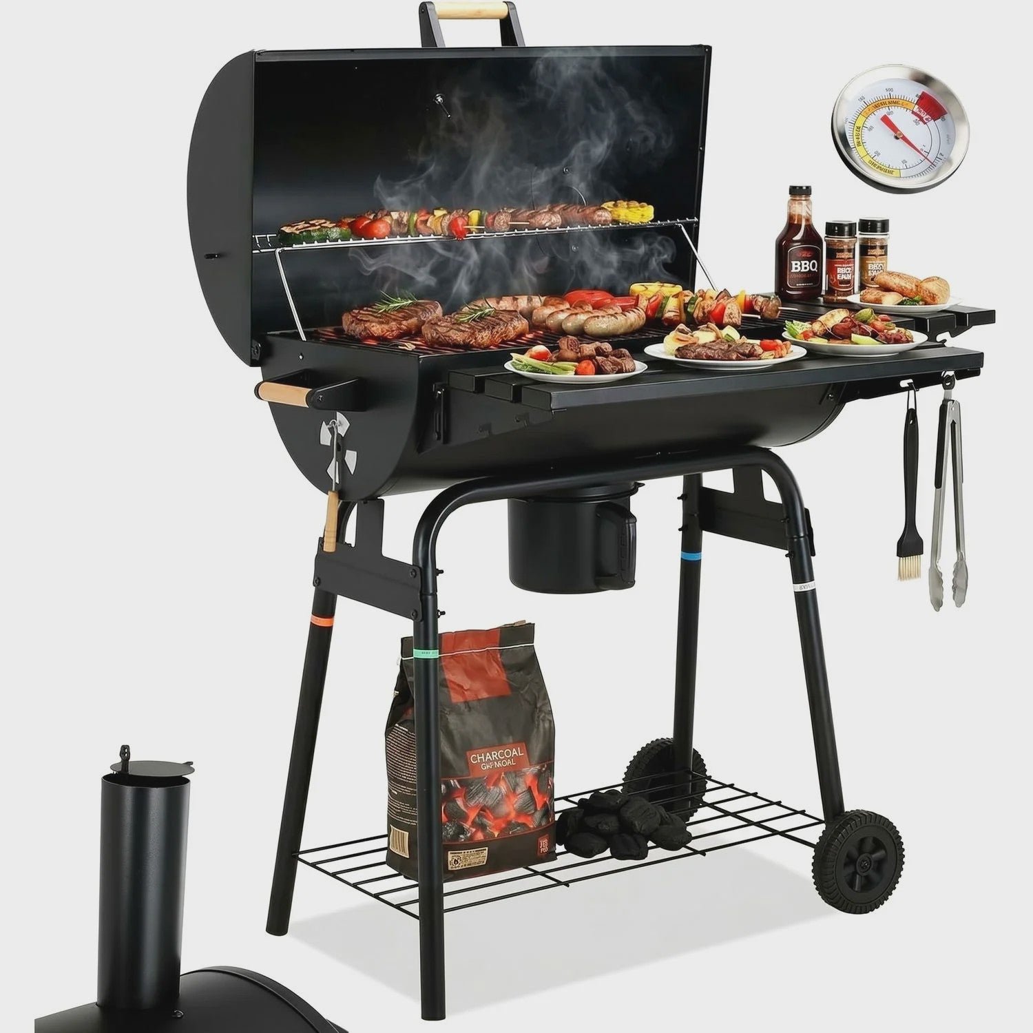 Charcoal BBQ Grillwagen met Deksel, Thermometer en Zijtafel - Perfect voor Tuinfeesten