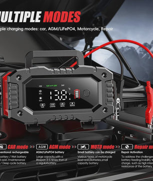 Universele 12V/24V Slimme Batterijlader met 7-Traps Oplaadcyclus & Reparatie Modus