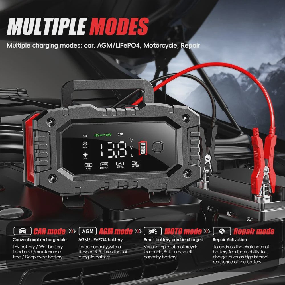 Universele 12V/24V Slimme Batterijlader met 7-Traps Oplaadcyclus & Reparatie Modus