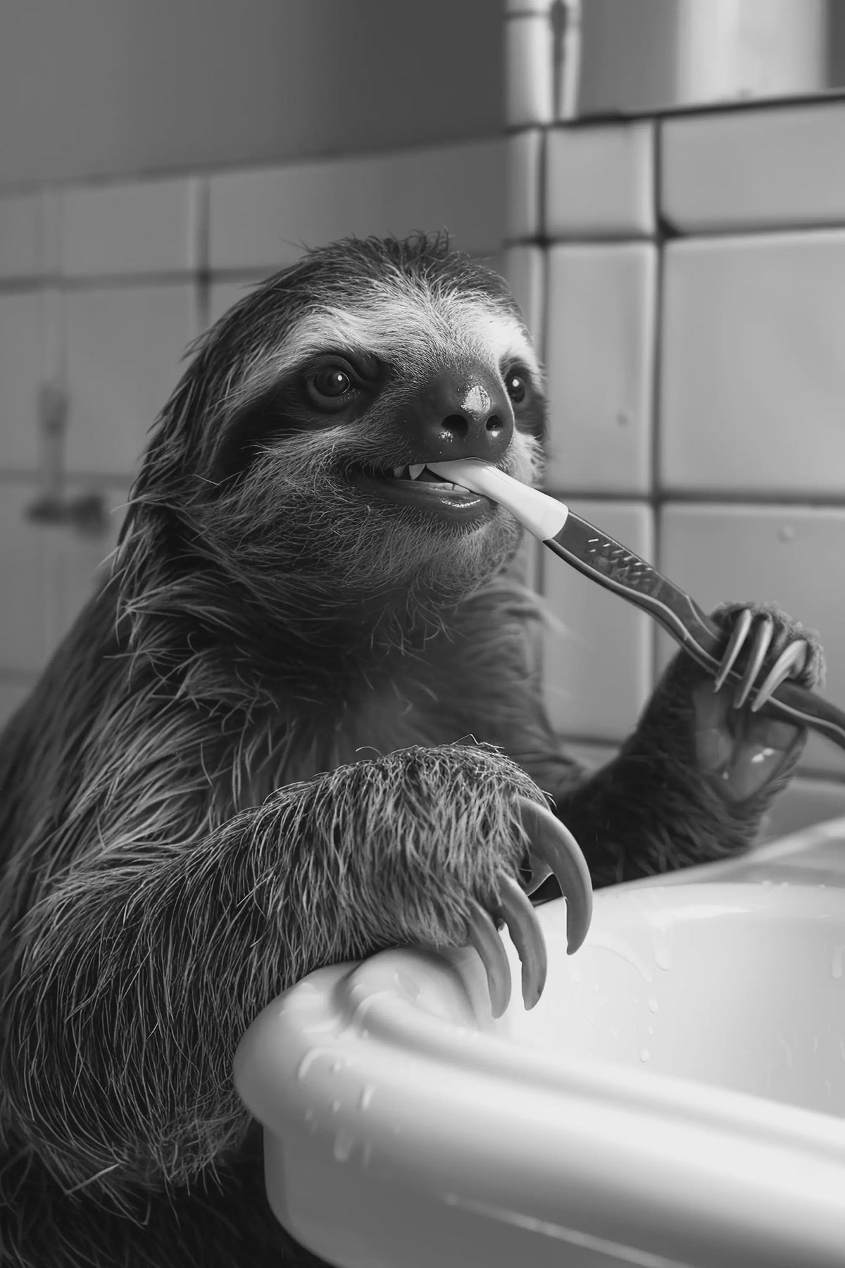 Grappige Poster Set: Zwart-Wit Dieren Poetsen Tanden - Canvas Kunst voor Woonkamer & Slaapkamer