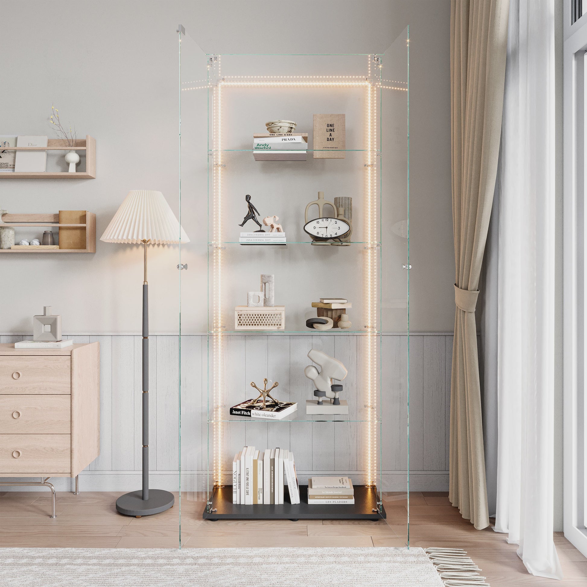 Moderne Glazen Vitrinekast met LED Verlichting - 5 Lagen, 2 Deuren