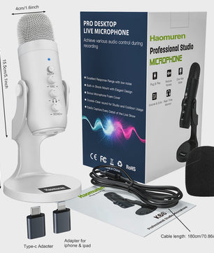 Professionele Witte USB Condensator Microfoon voor Studio, Gaming, Streaming & Podcasts