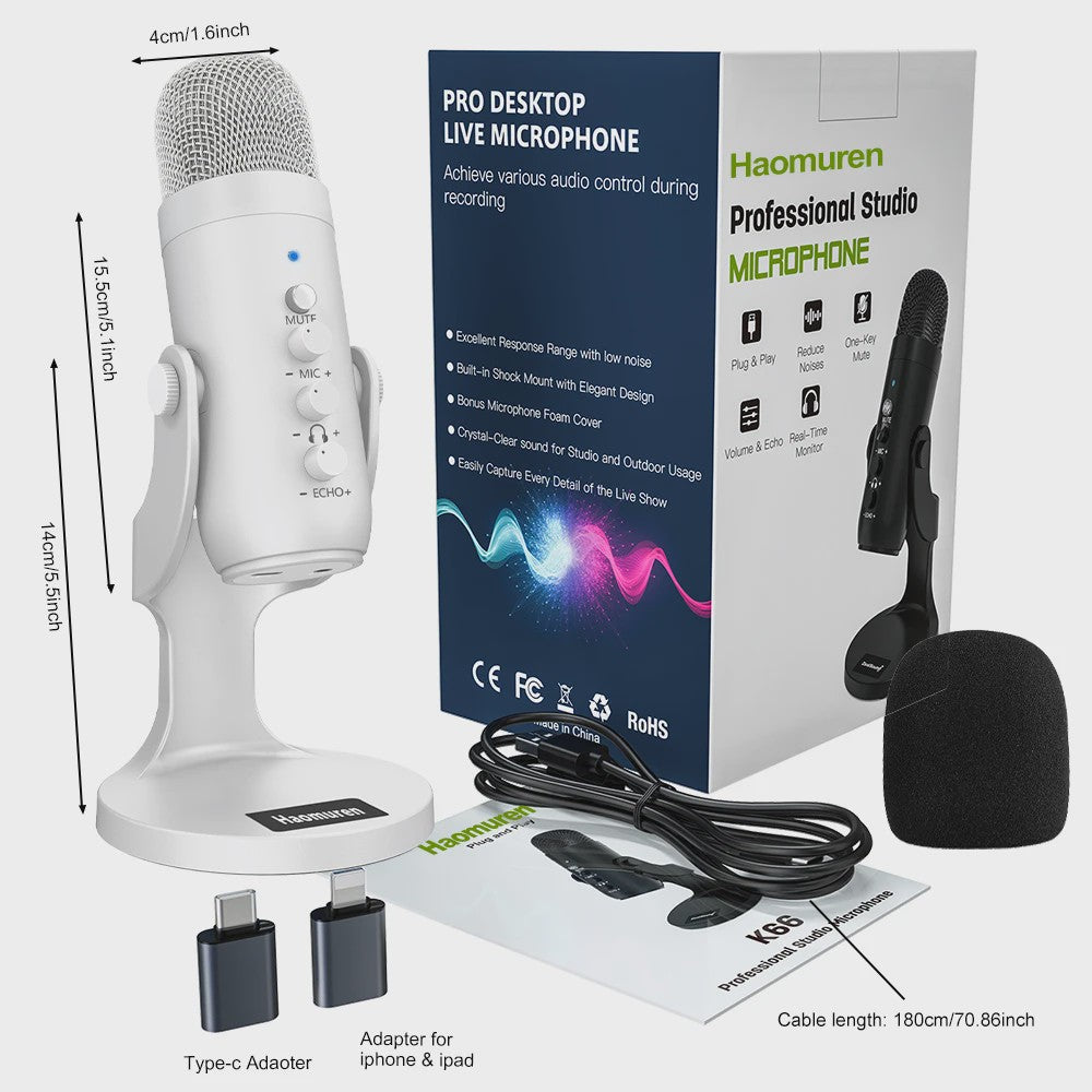 Professionele Witte USB Condensator Microfoon voor Studio, Gaming, Streaming & Podcasts