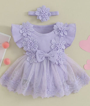 Prinsessen Baby Meisjes Romper Jurk met 3D Bloemen, Kant & Hoofdband - Zomerkleding