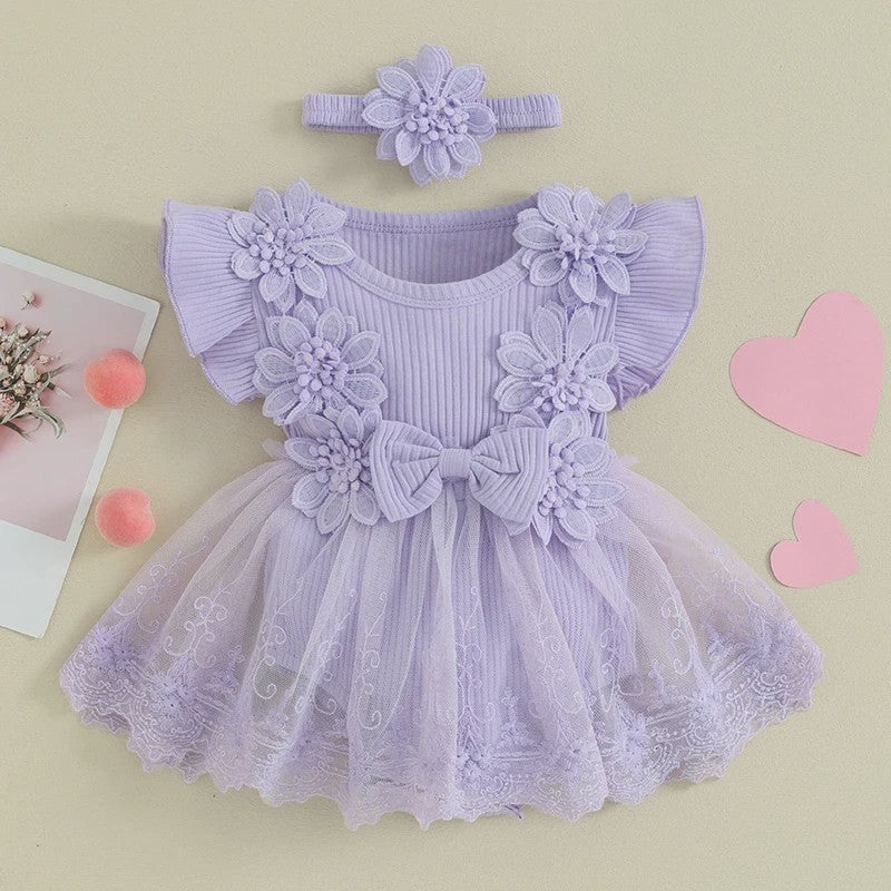 Prinsessen Baby Meisjes Romper Jurk met 3D Bloemen, Kant & Hoofdband - Zomerkleding