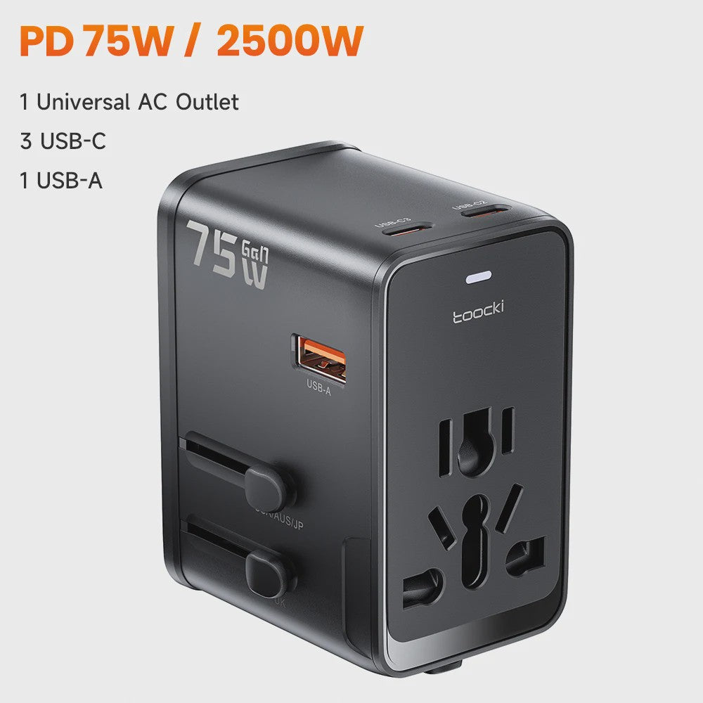 Toocki GaN 75W Universele Reisadapter: Wereldwijd opladen met 1 AC, 1 USB & 2 Type-C (45W PD)