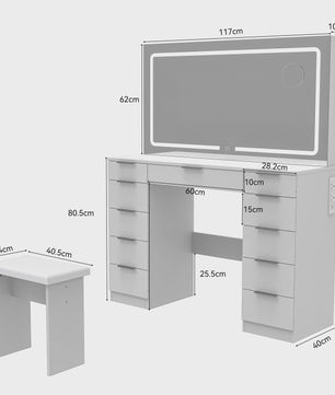 Luxe Kaptafel met LED Verlichting, 11 Lades en Ingebouwde Stopcontacten - Wit