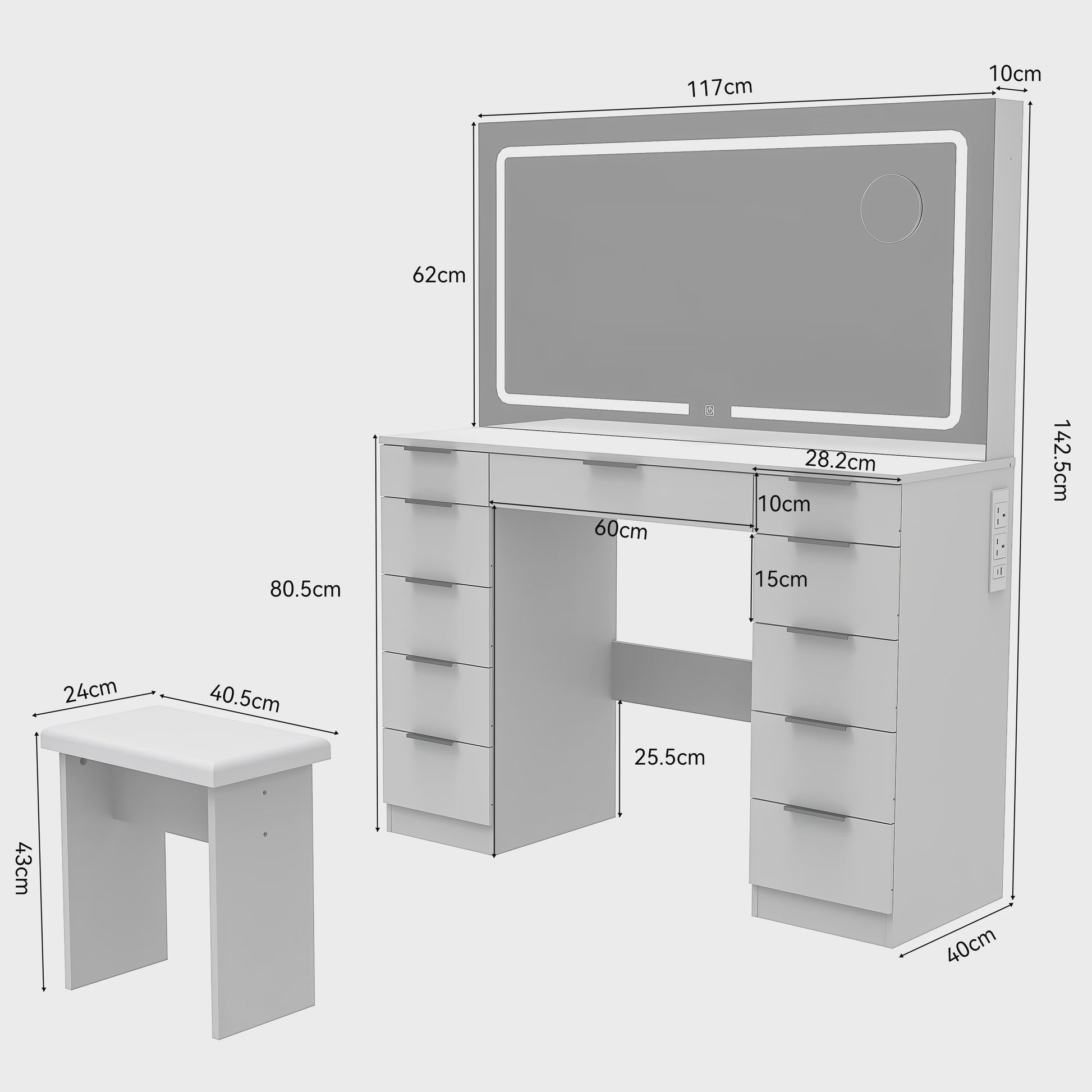 Luxe Kaptafel met LED Verlichting, 11 Lades en Ingebouwde Stopcontacten - Wit