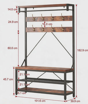 Industriële Garderobemeubel met Bank, 8 Haken, Kleiderstange & Schoenrek