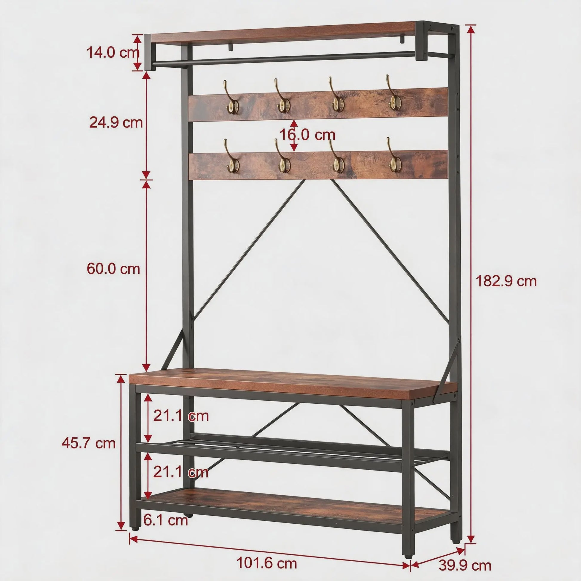 Industriële Garderobemeubel met Bank, 8 Haken, Kleiderstange & Schoenrek