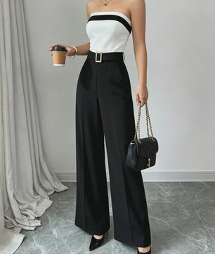 Elegante Zwart-Witte Jumpsuit met Vierkante Hals en Contrastrand - Feestelijke Stijl