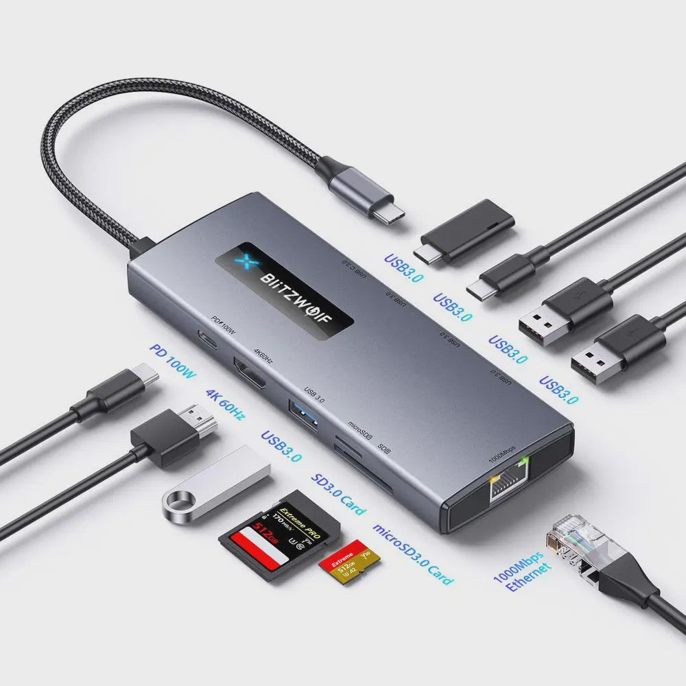 BlitzWolf BW-NEW TH8 10-in-1 USB-C Hub: 4K 60Hz, PD 100W, Gigabit Ethernet, SD/TF & USB 3.0