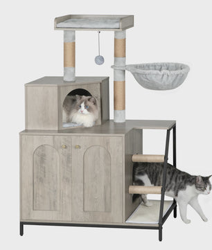 Moderne 4-in-1 Kattenboom met Kattenbakmeubel, Groot Platform, Trapjes en Pompom