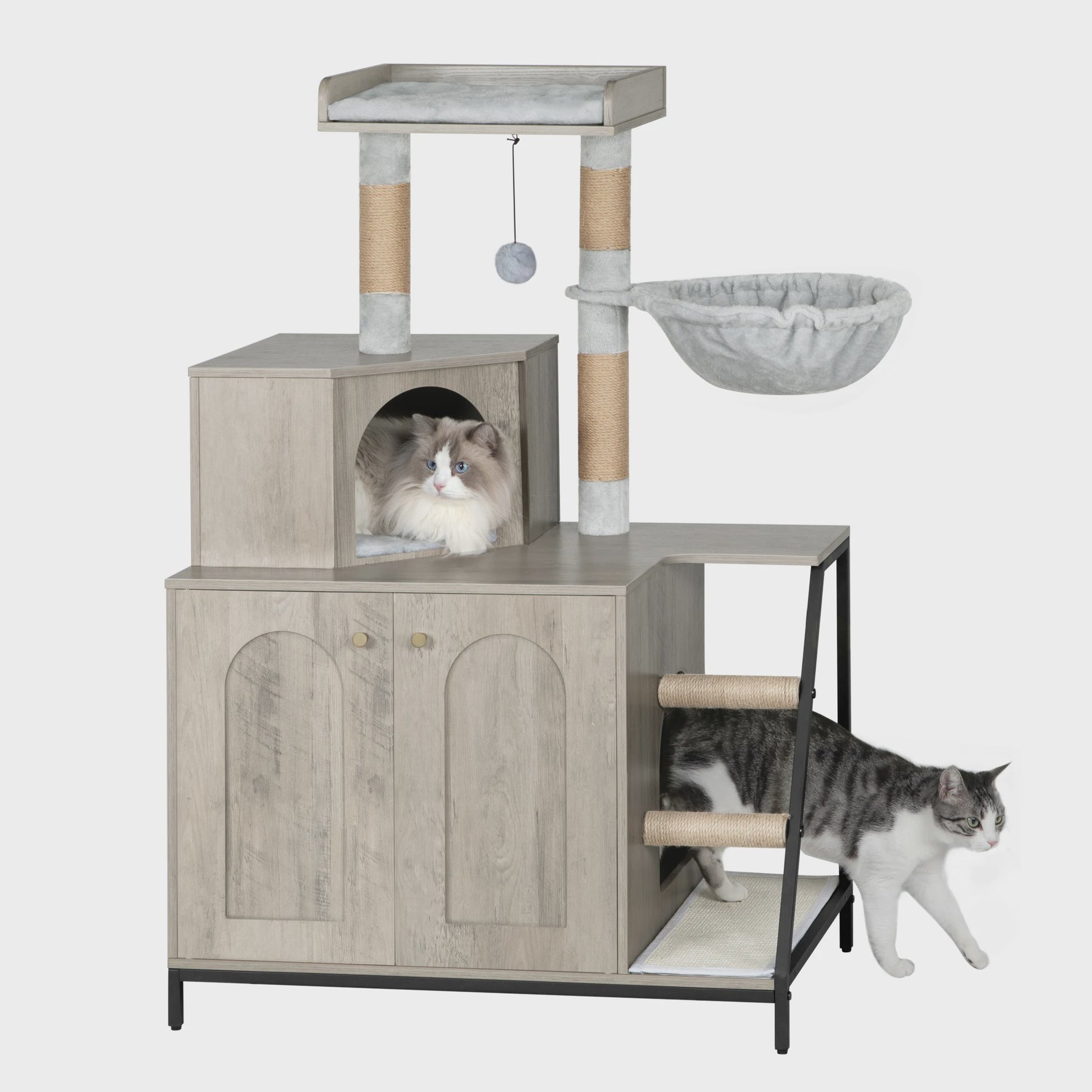 Moderne 4-in-1 Kattenboom met Kattenbakmeubel, Groot Platform, Trapjes en Pompom