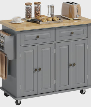 Grijze Keuken Eiland met Wielen - Keukenwagen met Opbergruimte, Kruidenrek en Handdoekhouder