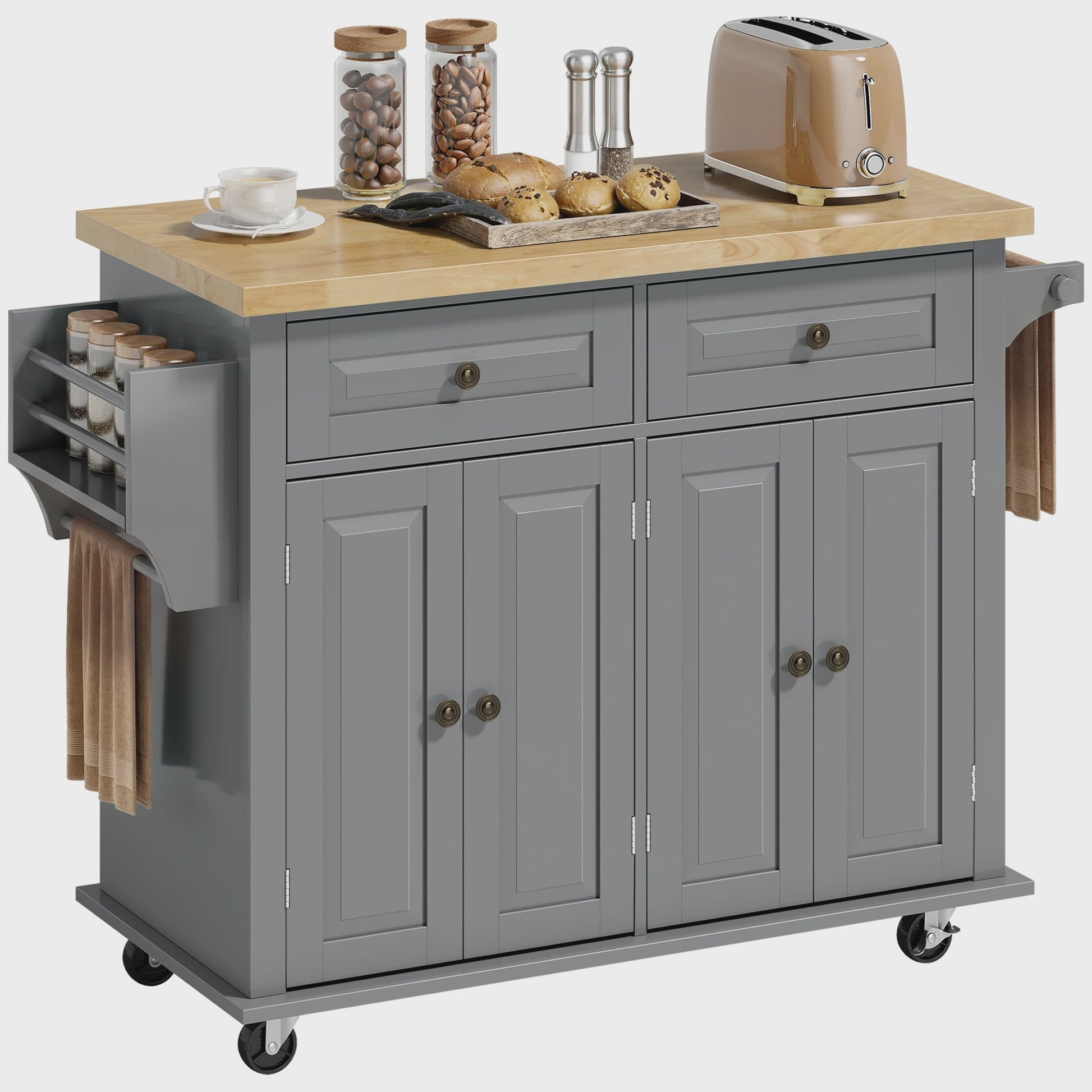 Grijze Keuken Eiland met Wielen - Keukenwagen met Opbergruimte, Kruidenrek en Handdoekhouder