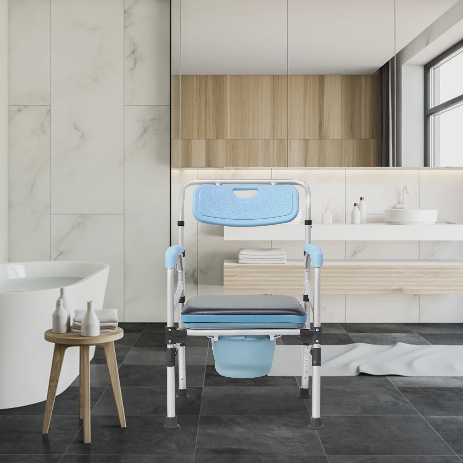 In hoogte verstelbare Douche-Toiletstoel met Rugleuning & Antislip - Inclusief Emmer voor Ouderen & Mindervaliden