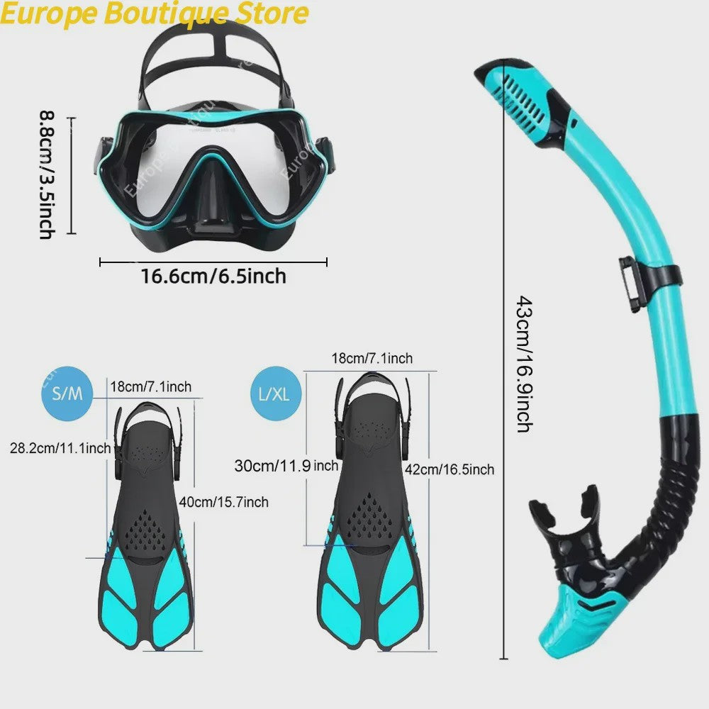 Compleet Snorkel Set voor Volwassenen: Panoramisch Anti-Condens Duikmasker, Droge Snorkel & Verstelbare Zwemvinnen