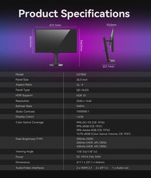 Titan Army G2785S 26.5" QD-OLED Gaming Monitor | QHD 240Hz | 0.03ms | HDR10 | Esports