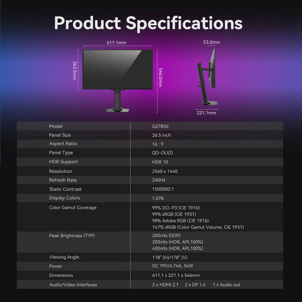 Titan Army G2785S 26.5" QD-OLED Gaming Monitor | QHD 240Hz | 0.03ms | HDR10 | Esports
