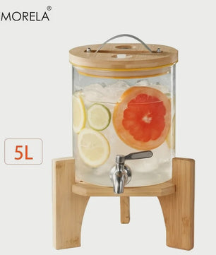 Glazen Drankdispenser 5L met Houten Standaard en Kraantje - Ideaal voor Feesten