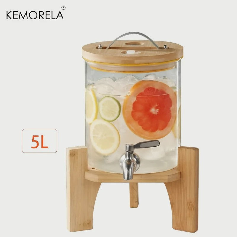Glazen Drankdispenser 5L met Houten Standaard en Kraantje - Ideaal voor Feesten