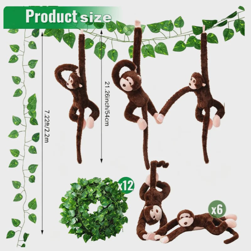 6 Stuks Hangende Pluche Apen met Kunstranken - Jungle & Safari Decoratie